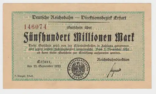 500 Millionen Mark Banknote Reichsbahndirektion Erfurt 22.09.1923 (153974)