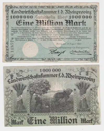 1 Million Mark Banknote Bonn Landwirtschaftskammer Rheinprovinz 1923 (140798)