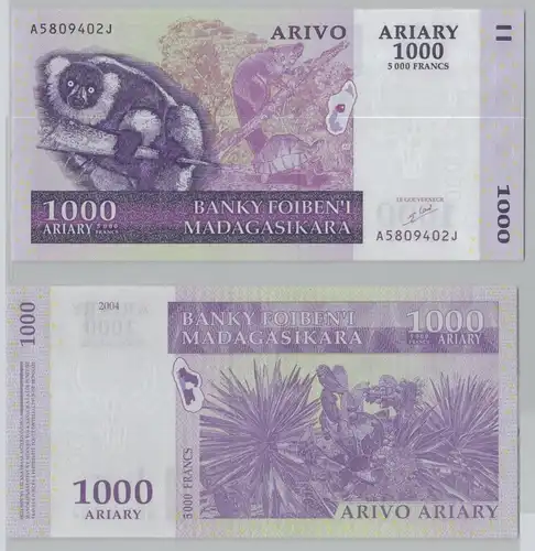 5000 Francs = 1000 Ariary Banknote Madagaskar Madagasikara 2004 (153717)