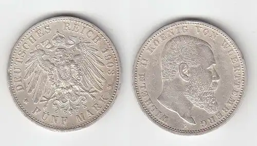 5 Mark Silbermünze Württemberg König Wilhelm II 1903 Jäger 176  (115061)