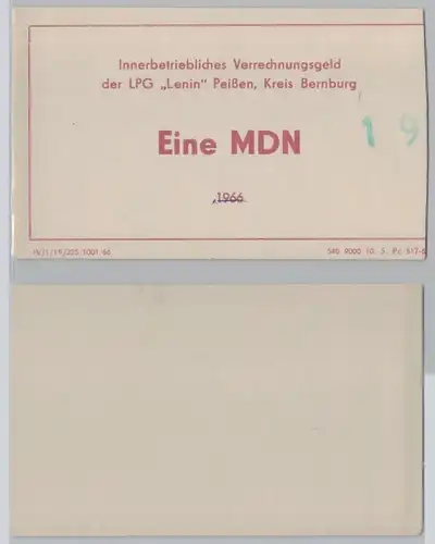 1 Mark Banknote Wertschein DDR LPG "Lenin" Peißen 1966  (140228)
