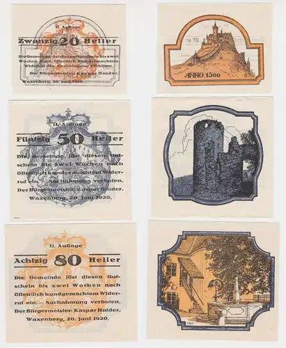 20, 50 und 80 Heller Banknoten Waxenberg 20.06.1920 (142741)