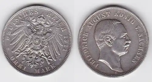 3 Mark Silbermünze Sachsen König Friedrich August 1911 Jäger 135 (116332)