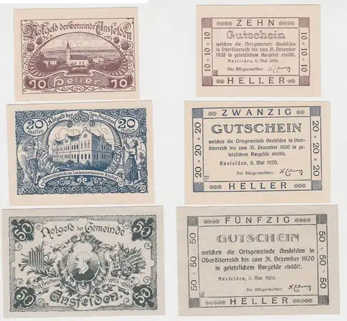 3 Banknoten 10 bis 50 Heller Notgeld Gemeinde Ansfelden 1920 (151476)