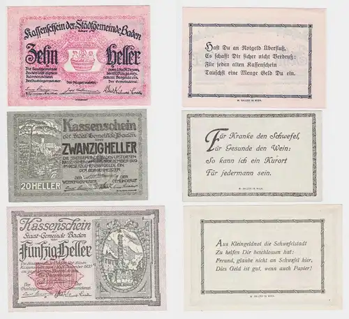3 Banknoten 10 bis 50 Heller Notgeld Stadtgemeinde Baden (151001)