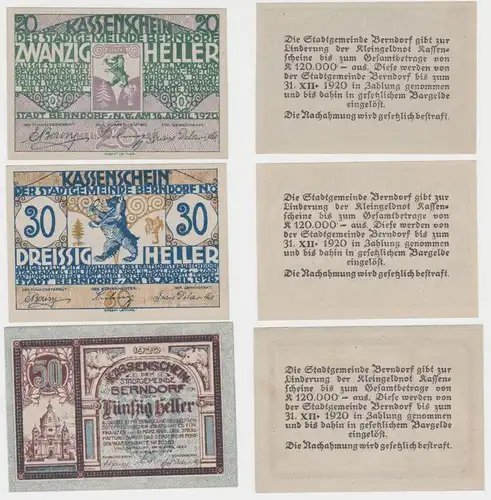 3 Banknoten 20 bis 50 Heller Notgeld Stadtgemeinde Berndorf 1920 (154694)