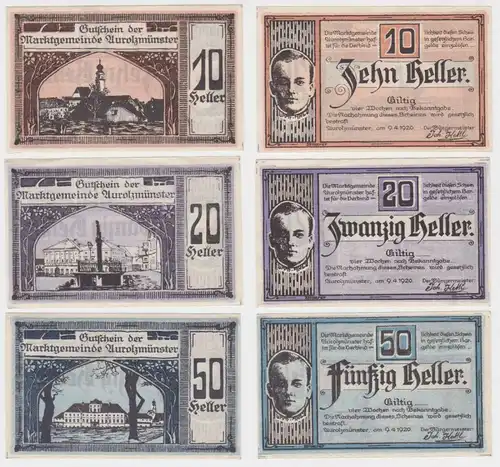 3 Banknoten 10 bis 50 Heller Notgeld Gemeinde Aurolzmünster 1920 (154132)