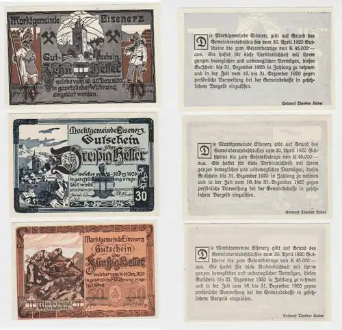 3 Banknoten 10 bis 50 Heller Notgeld Stadtgemeinde Eisenerz 1920 (140725)