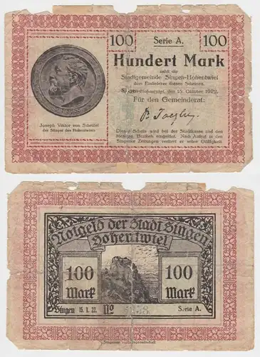 100 Mark Banknoten Inflation Stadt Singen Hohentwiel 15.10.1922 (153270)