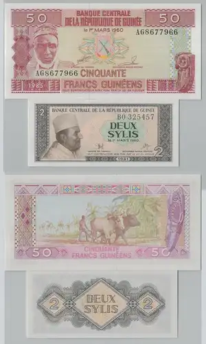 2 Sylis und 50 Francs Banknote Guinea République de Guinée 1981, 1985 (142484)