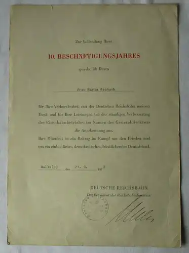 DDR Urkunde Vollendung 10.Beschäftigungsjahres Deutsche Reichsbahn 1952 (153818)