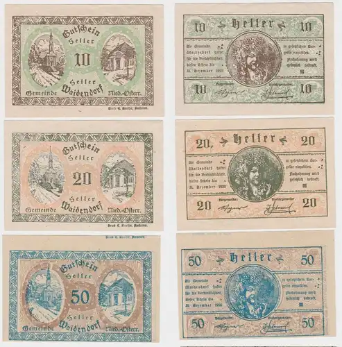 10, 20 und 50 Heller Banknote Waidendorf 1920 (154664)