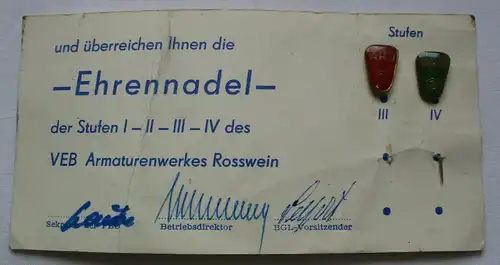 Anstecknadel Ehrennadel VEB Armaturenwerk Rosswein MAW Stufe III + IV (144072)