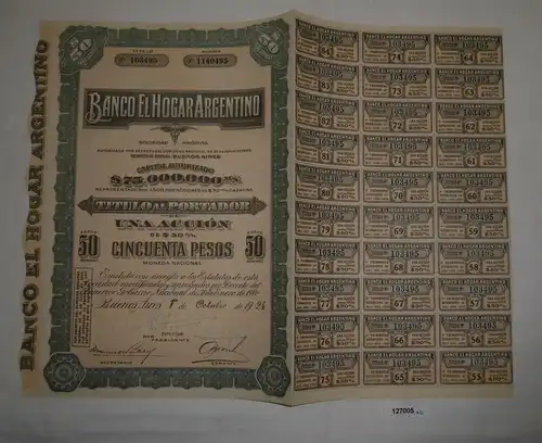 1 Aktie à 50 Peso Banco el Hogar Argentino Buenos Aires 1. Oktober 1924 (127005)