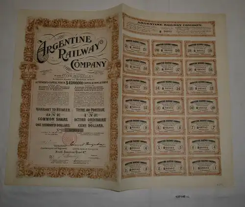 1 Aktie à 100 Dollar Argentine Railway Company Portland London Paris (127146)