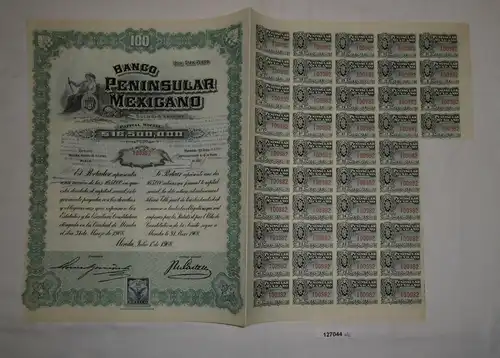 100 Peso Aktie Banco Peninsular Mexicano Mérida 1. Juli 1908 (127044)