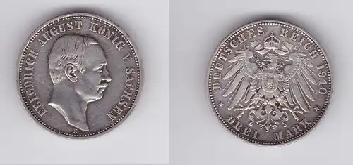 3 Mark Silbermünze Sachsen König Friedrich August 1910 Jäger 135 (119670)