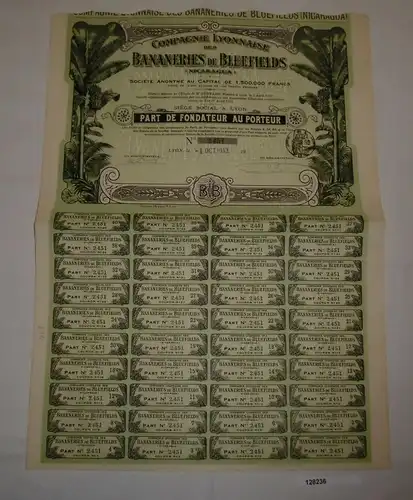 100 Francs Aktie Bananeries de Bluefields Nicaragua  13.April 1913 (128236)