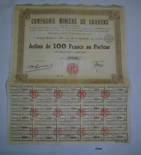 100 Francs Aktie Compagnie Minière de Charens Lyon 3. Mai 1928 (127508)