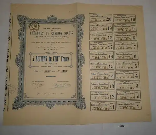 5 Aktien à 100 Franc Théatres et Casinos Niçois Nice 15. Januar 1925 (128000)