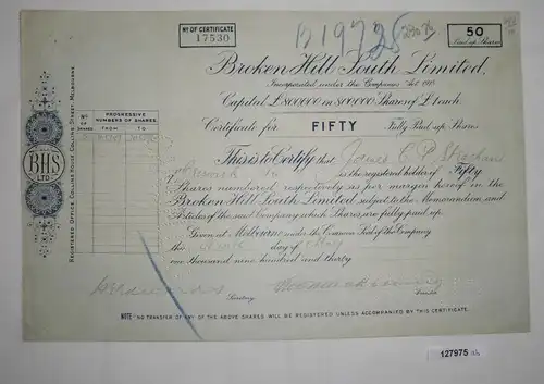 50 Aktien à 1 Pfund Broken Hill South Limited Melbourne 9. Mai 1930 (127975)