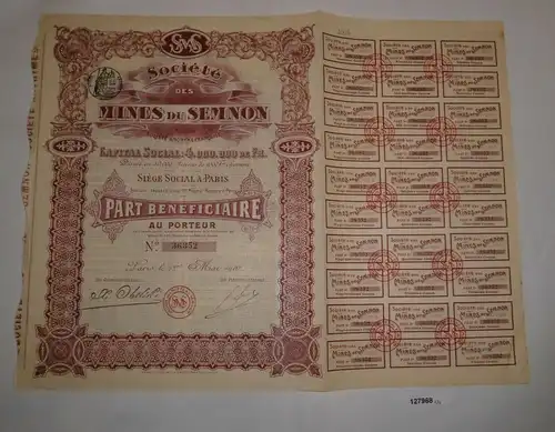 100 Francs Vorzug Aktie Société des Mines du Semnon Paris 1. Mai 1910 (127968)