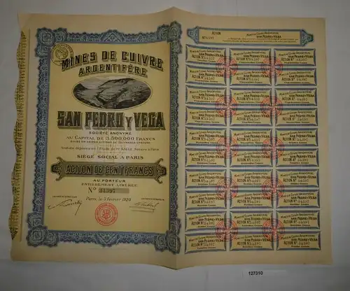 100 Francs Aktie Mines de Cuivre Argentifère San Pedro y Vega 1920 (127310)
