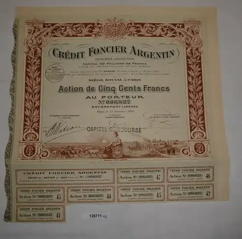 500 Francs Aktie Crédit Foncier Argentin Paris 25. November 1920 (126711)