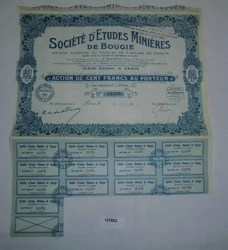 10 Francs Aktie Société d'Etudes Minières de Bougie Paris 29. Nov 1923 (127882)