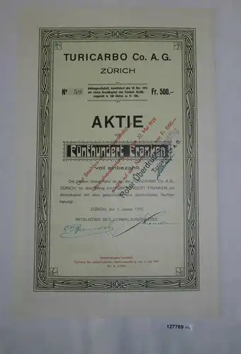500 Franken Aktie Turicarbo Co. AG Zürich 1. Januar 1916 (127769)