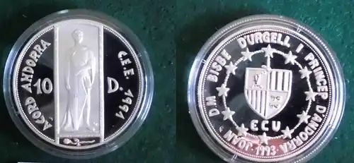 10 Diners Silber Münze Andorra 1993 2 Jahre Zollunion mit der EG (125758)