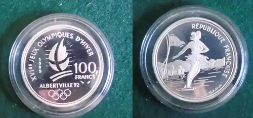 100 Franc Silber Münze Frankreich Olympia 1992 Albertville Eiskunstlauf (125771)