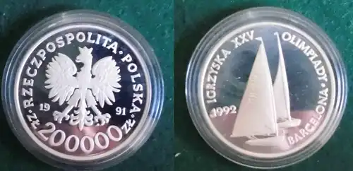 20000 Zloty Silber Münze Polen 1991 Olympiade 1992 Segler (124931)