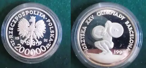 20000 Zloty Silber Münze Polen 1991 Olympiade 1992 Gewichtheber (120902)