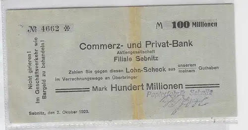 100 Millionen Mark Banknote Papierfabrik Sebnitz 2.10.1923 (118819)