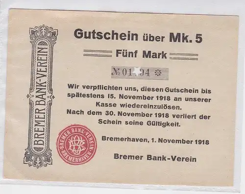 5 Mark Banknote Bremer Bank-Verein Bremerhaven 1.11.1918  (119407)