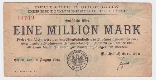 1 Million Mark Banknote Reichsbahndirektion Erfurt 12.8.1923  (116882)