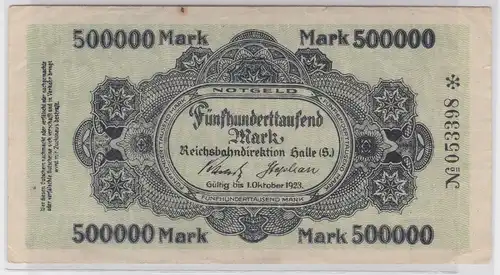 500000 Mark Banknote Halle Reichsbahndirektion 1.Oktober 1923 (119159)
