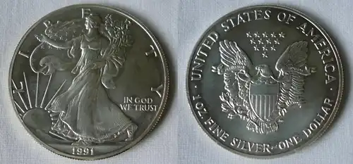 1 Dollar Silber Münze Silver Eagle USA 1991 1 Unze Feinsilber (125501)
