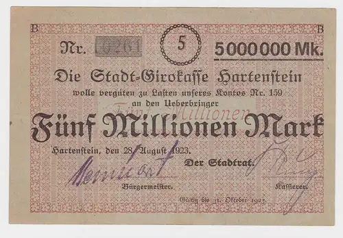 5 Millionen Mark Banknote Stadtgirokasse Hartenstein 28.8.1923  (116944)