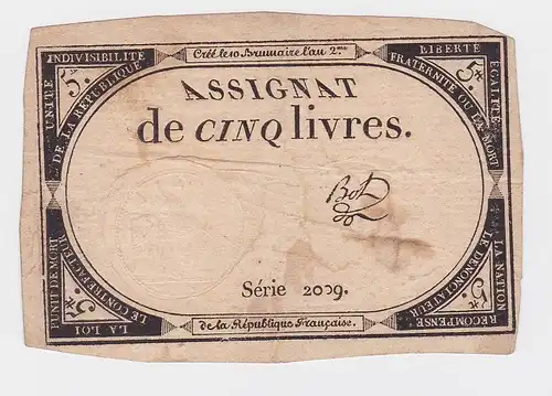Assignat zu 5 Livre Banknote Frankreich um 1791 (119142)
