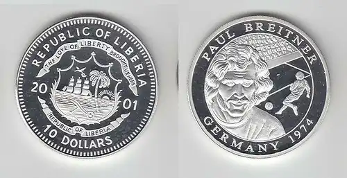 10 Dollar Silber Münze Liberia 2001 Fussball WM 1974 Paul Breitner (116504)