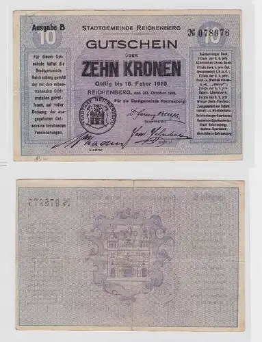 10 Kronen Banknote Stadtgemeinde Reichenberg 15.02.1919 (118653)