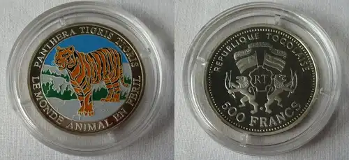 500 Francs Silber Farbmünze Togo 2001 Tiger coloriert koloriert PP (134783)