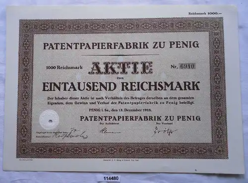 Aktie Patentpapierfabrik zu Penig 15.Dezember 1928 (114480)