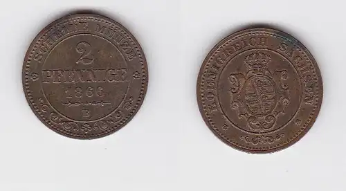 2 Pfennige Kupfer Münze Sachsen 1866 B (117274)