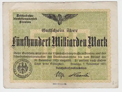 500 Milliarden Mark Banknote Reichsbahndirektion Breslau 7.11.1923 (153934)