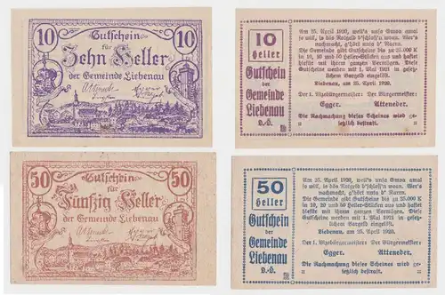 10 und 50 Heller Banknote Liebenau 25.04.1920 (131530)