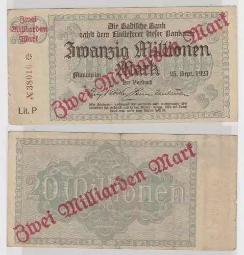 2 Milliarden Mark Banknote Badische Bank Mannheim 1923 Überdruck (153648)