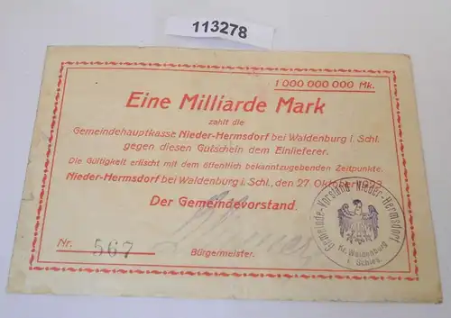 1 Milliarde Mark Banknote Inflation Nieder Hermsdorf bei Waldenburg  (113278)